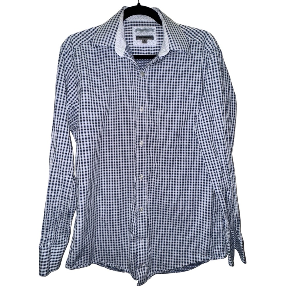 Johnston & Murphy Blue Checkered Tailored Fit Casual Button Down Medium Shirt
